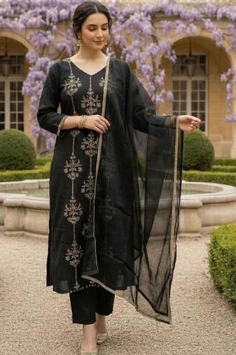 Women Ethnic Motifs Embroidered Regular Thread Work Liva Kurta with Trousers & With Dupatta