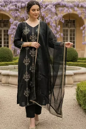 Women Ethnic Motifs Embroidered Regular Thread Work Liva Kurta with Trousers & With Dupatta