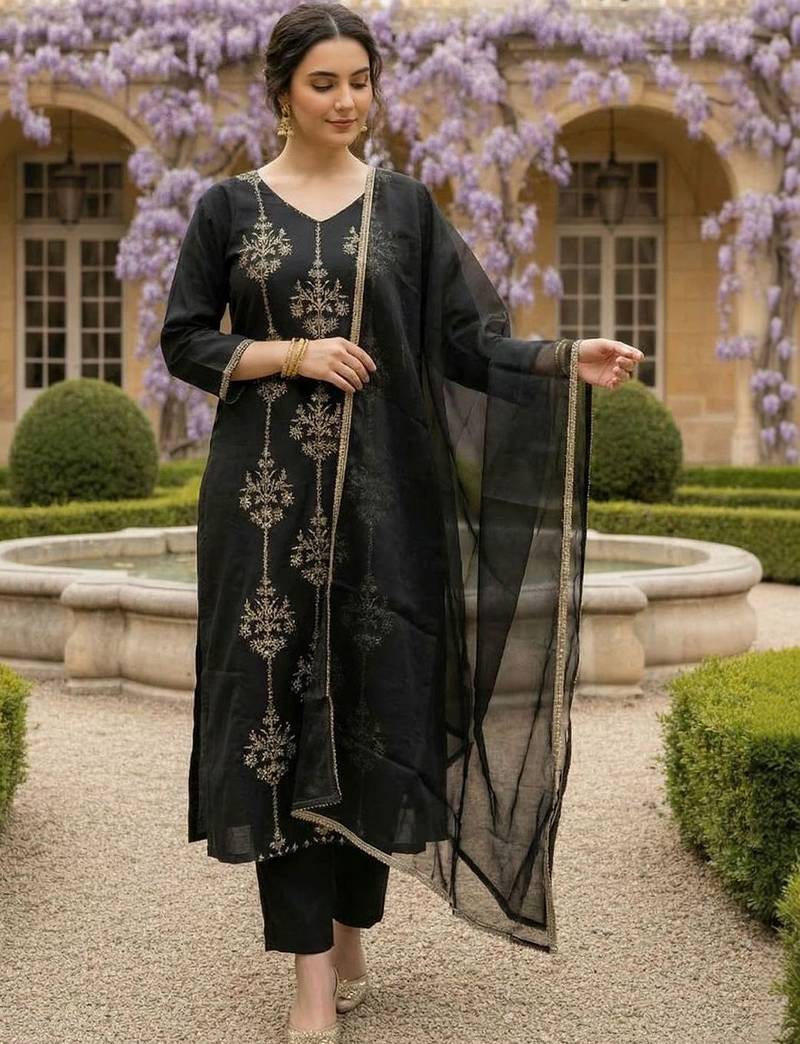 Women Ethnic Motifs Embroidered Regular Thread Work Liva Kurta with Trousers & With Dupatta