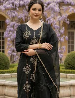 Women Ethnic Motifs Embroidered Regular Thread Work Liva Kurta with Trousers & With Dupatta 2
