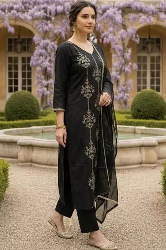 Women Ethnic Motifs Embroidered Regular Thread Work Liva Kurta with Trousers & With Dupatta