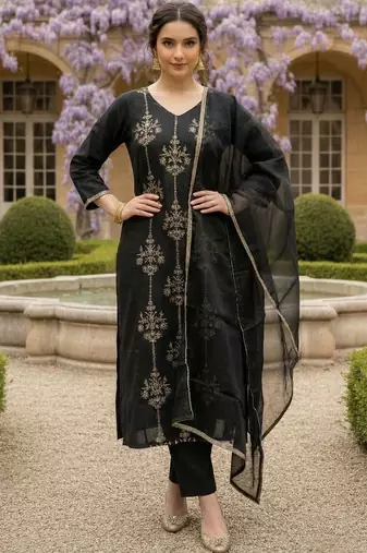 Women Ethnic Motifs Embroidered Regular Thread Work Liva Kurta with Trousers & With Dupatta