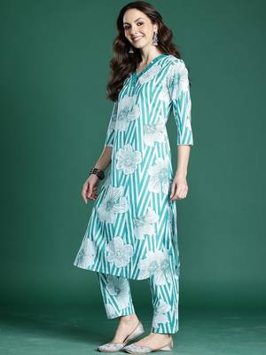 Women Floral Printed Regular Sequinned Pure Cotton Kurta with Trousers 2
