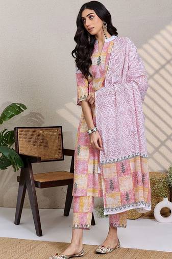 Women Printed Regular Pure Cotton Kurta with Trousers & With Dupatta