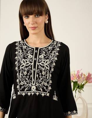 Floral Yoke Design Thread Work Pure Cotton Kurta With Palazzos 2