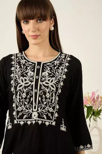 Floral Yoke Design Thread Work Pure Cotton Kurta With Palazzos