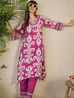 Women Ethnic Motifs Printed Regular Thread Work Pure Cotton Kurta with Trousers 2