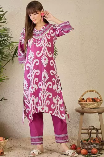 Women Ethnic Motifs Printed Regular Thread Work Pure Cotton Kurta with Trousers