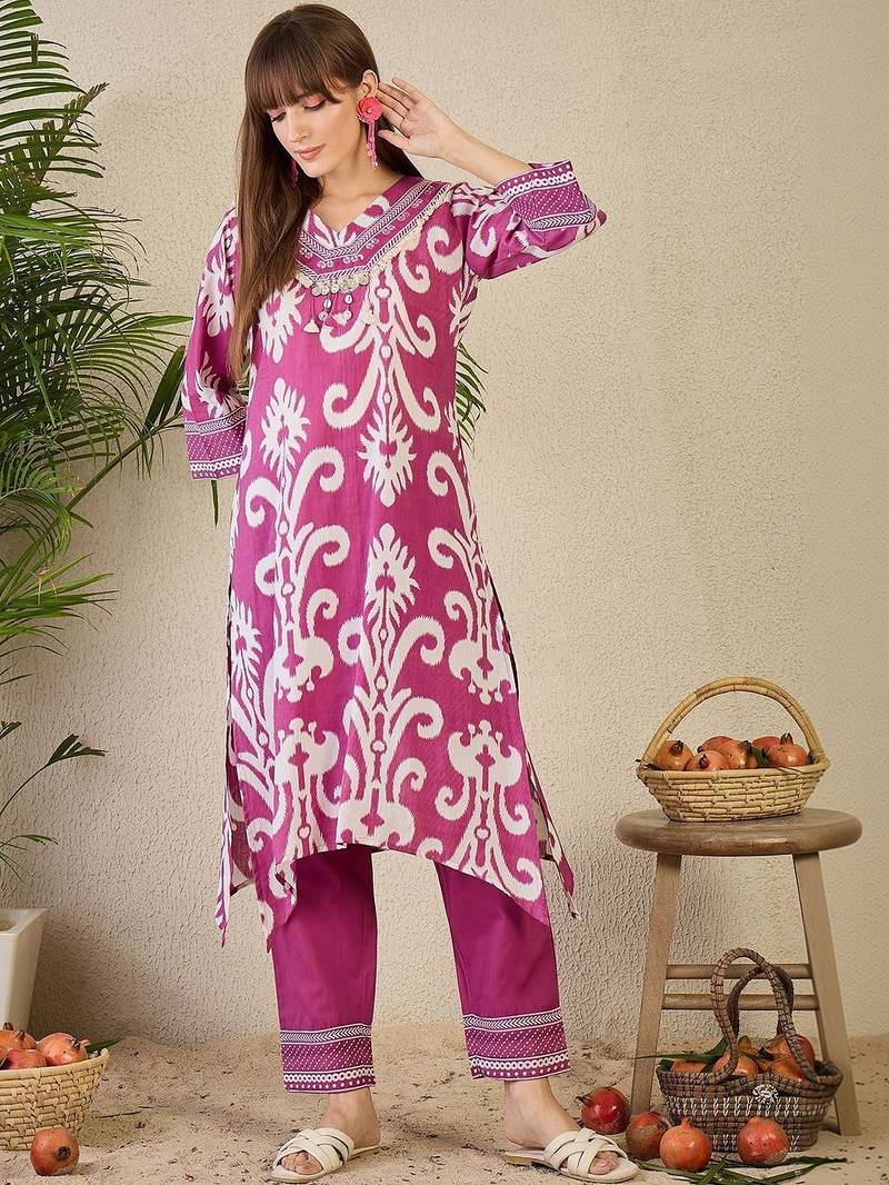 Women Ethnic Motifs Printed Regular Thread Work Pure Cotton Kurta with Trousers