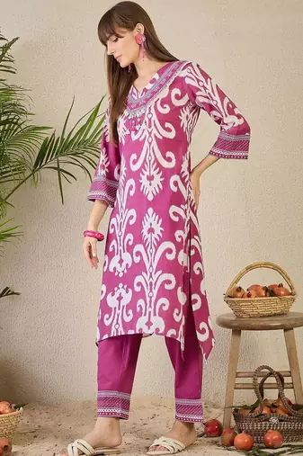 Women Ethnic Motifs Printed Regular Thread Work Pure Cotton Kurta with Trousers