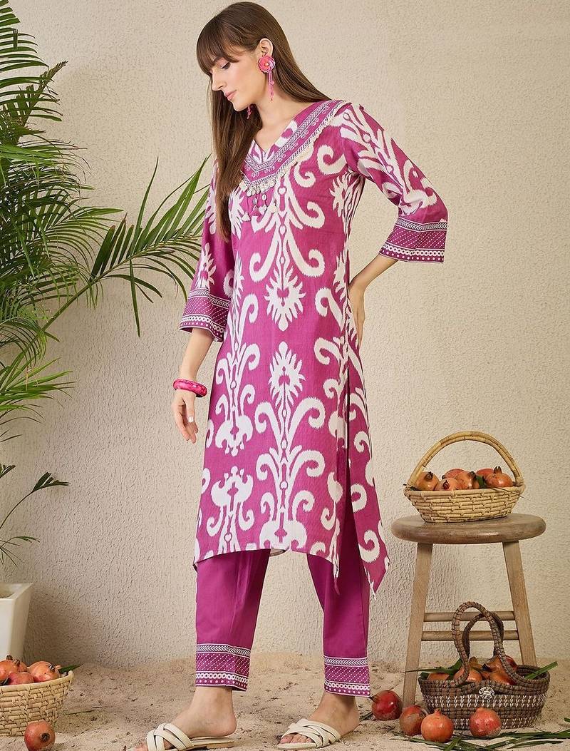 Women Ethnic Motifs Printed Regular Thread Work Pure Cotton Kurta with Trousers