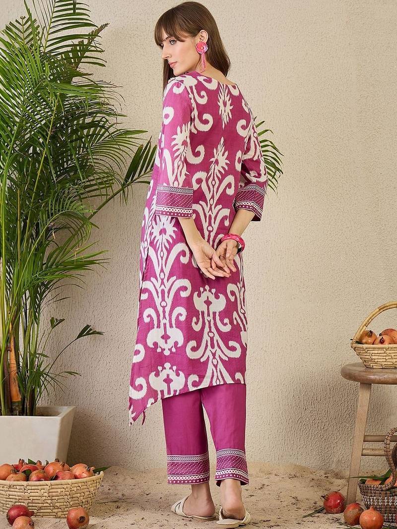 Women Ethnic Motifs Printed Regular Thread Work Pure Cotton Kurta with Trousers