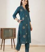 Women Floral Printed Regular Thread Work Pure Cotton Kurta with Trousers