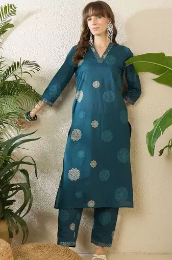 Women Floral Printed Regular Thread Work Pure Cotton Kurta with Trousers