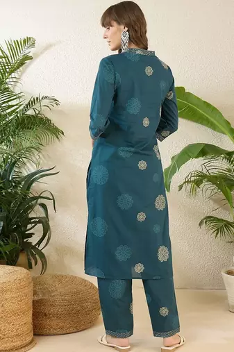Women Floral Printed Regular Thread Work Pure Cotton Kurta with Trousers