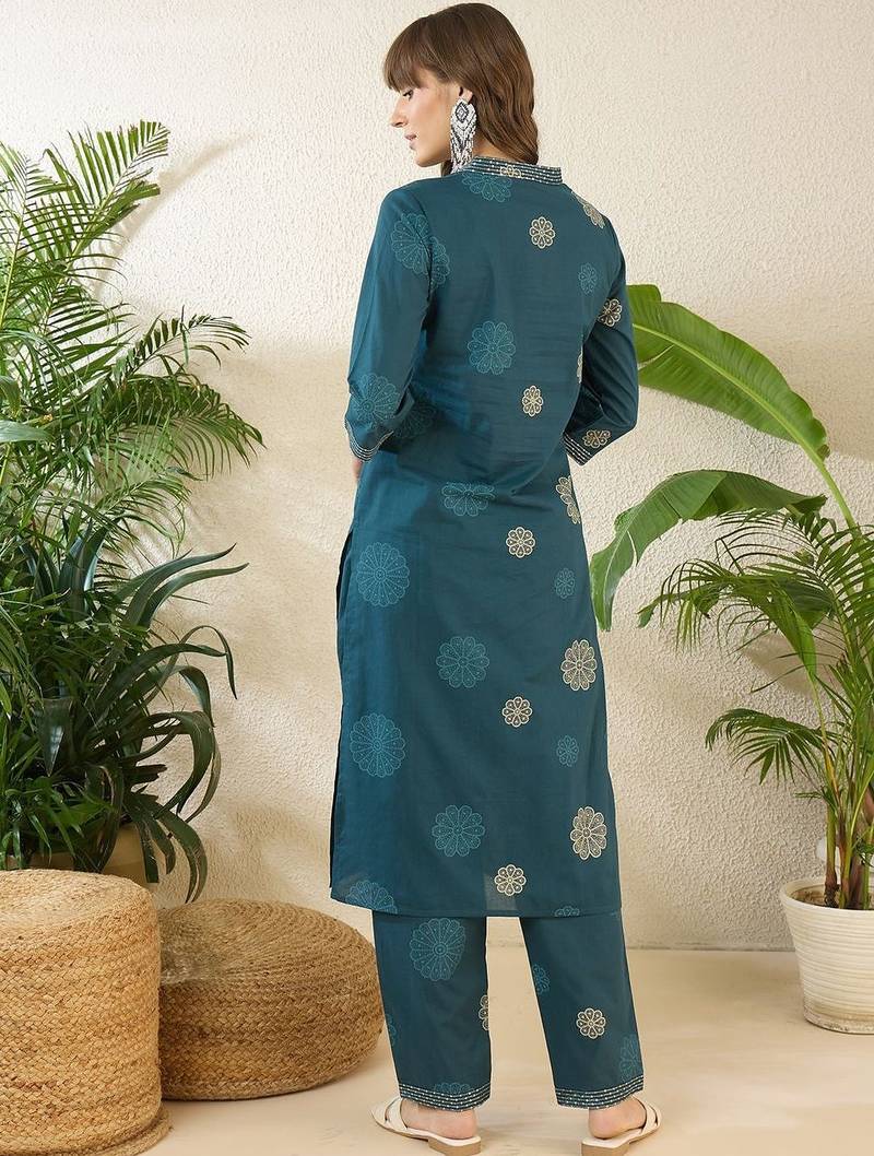 Women Floral Printed Regular Thread Work Pure Cotton Kurta with Trousers