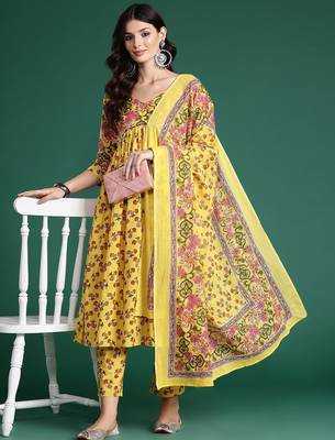 Floral Printed Empire Gotta Patti Pure Cotton Kurta With Trousers & Dupatta 1