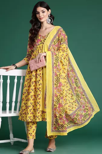 Floral Printed Empire Gotta Patti Pure Cotton Kurta With Trousers & Dupatta