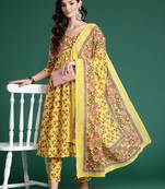 Floral Printed Empire Gotta Patti Pure Cotton Kurta With Trousers & Dupatta
