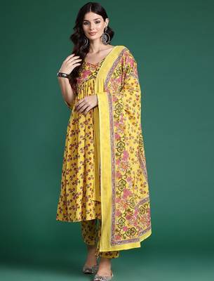 Floral Printed Empire Gotta Patti Pure Cotton Kurta With Trousers & Dupatta 2