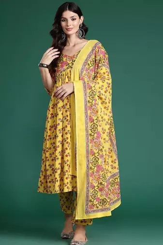 Floral Printed Empire Gotta Patti Pure Cotton Kurta With Trousers & Dupatta