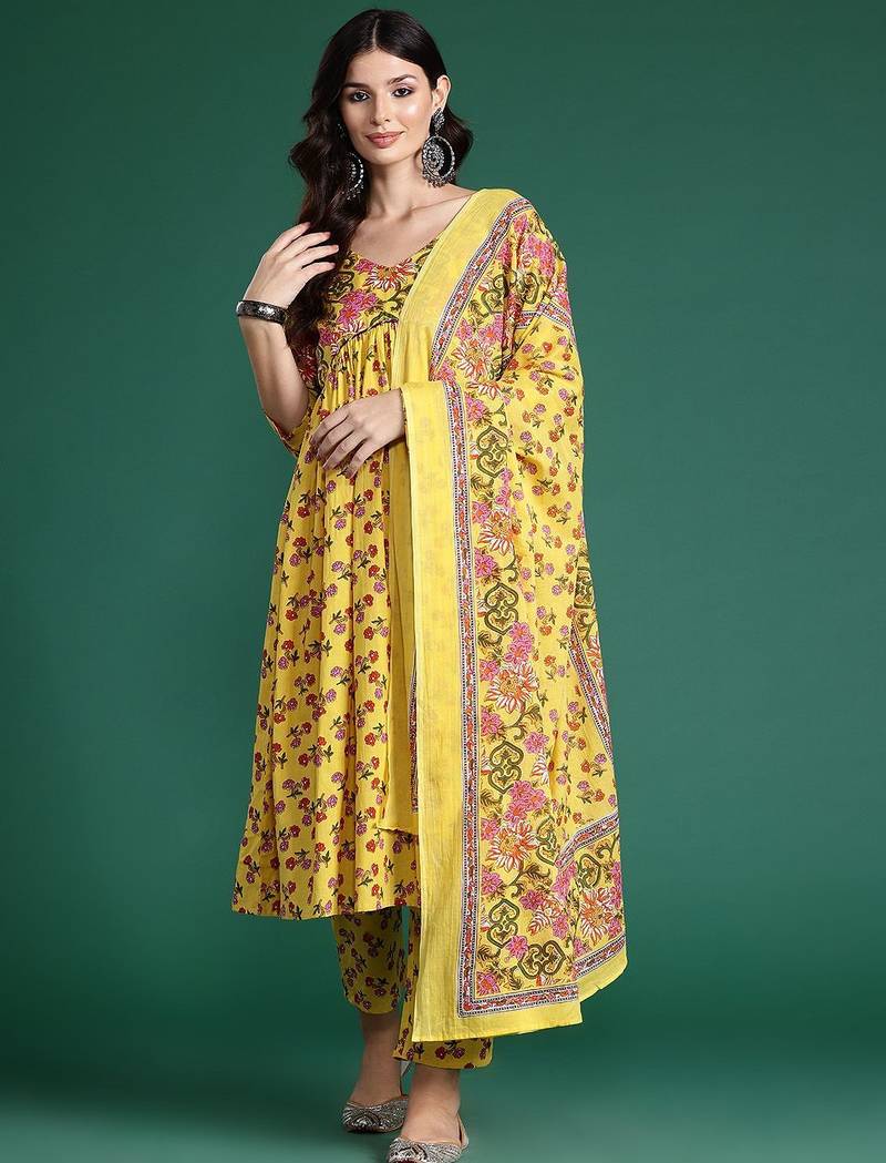 Floral Printed Empire Gotta Patti Pure Cotton Kurta With Trousers & Dupatta