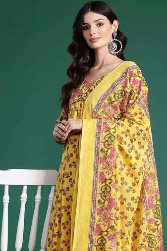 Floral Printed Empire Gotta Patti Pure Cotton Kurta With Trousers & Dupatta
