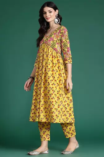 Floral Printed Empire Gotta Patti Pure Cotton Kurta With Trousers & Dupatta