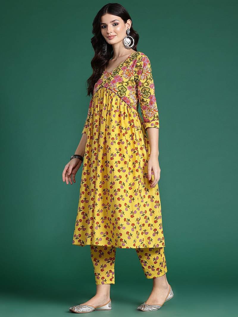 Floral Printed Empire Gotta Patti Pure Cotton Kurta With Trousers & Dupatta
