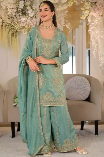 Women Ethnic Motifs Embroidered Regular Thread Work Kurta with Palazzos & With Dupatta