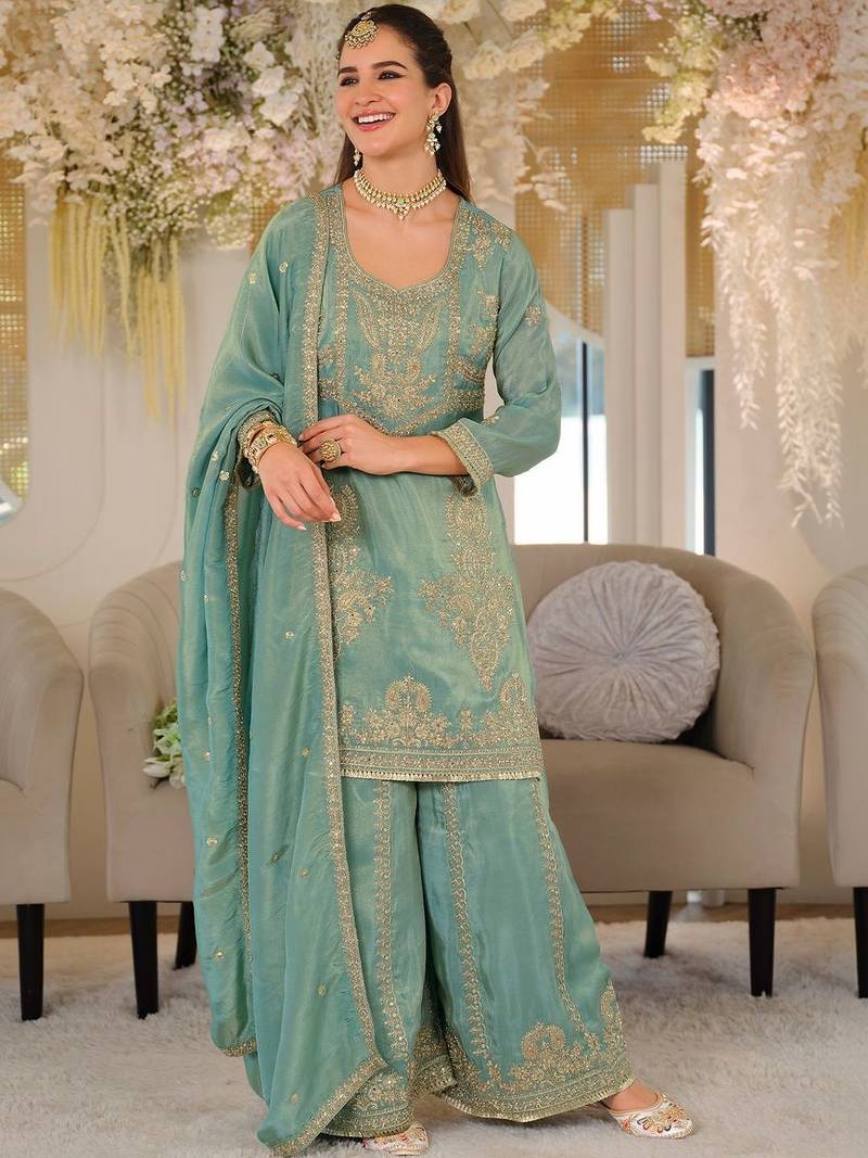 Women Ethnic Motifs Embroidered Regular Thread Work Kurta with Palazzos & With Dupatta