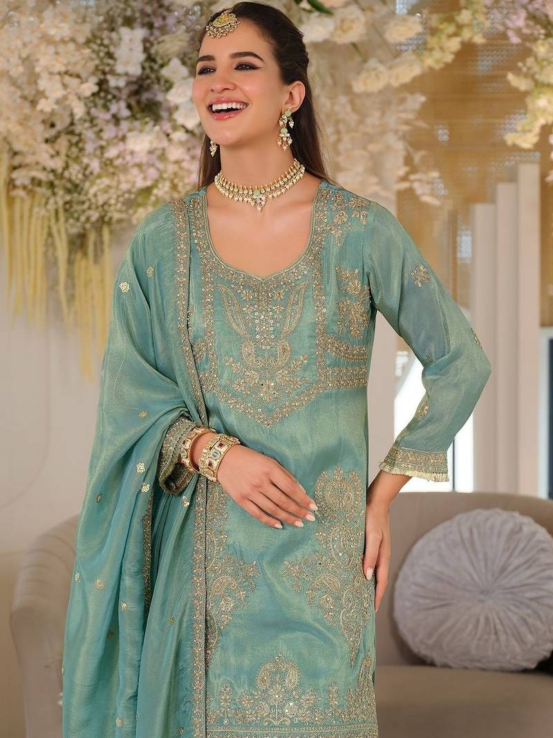 Women Ethnic Motifs Embroidered Regular Thread Work Kurta with Palazzos & With Dupatta