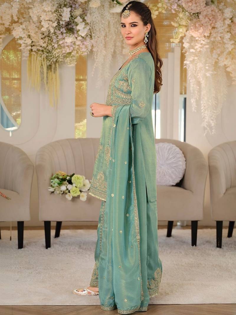 Women Ethnic Motifs Embroidered Regular Thread Work Kurta with Palazzos & With Dupatta