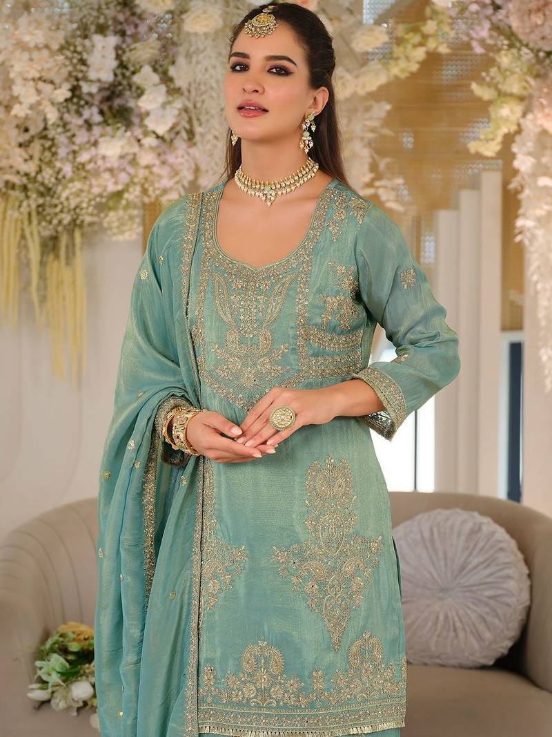 Women Ethnic Motifs Embroidered Regular Thread Work Kurta with Palazzos & With Dupatta