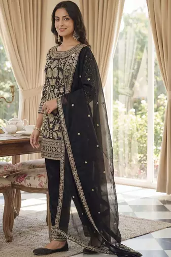 Women Floral Embroidered Panelled Sequinned Kurta with Trousers & With Dupatta