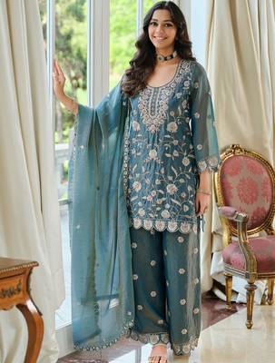 Women Ethnic Motifs Embroidered Regular Thread Work Kurta with Palazzos & With Dupatta 1