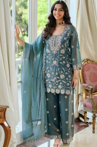 Women Ethnic Motifs Embroidered Regular Thread Work Kurta with Palazzos & With Dupatta