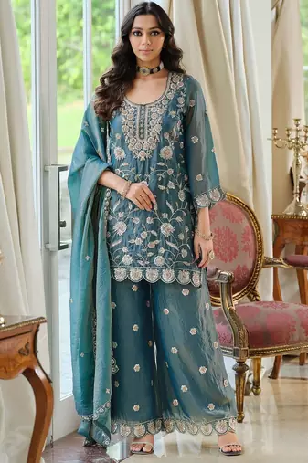 Women Ethnic Motifs Embroidered Regular Thread Work Kurta with Palazzos & With Dupatta