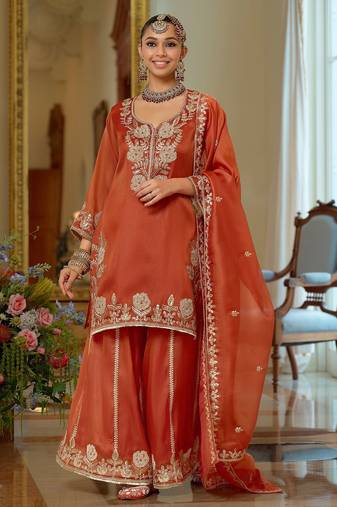 Women Ethnic Motifs Embroidered Regular Thread Work Kurta with Sharara & With Dupatta