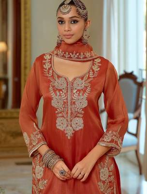 Women Ethnic Motifs Embroidered Regular Thread Work Kurta with Sharara & With Dupatta 5