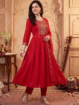 Women Ethnic Motifs Embroidered Regular Thread Work Kurta with Trousers & With Dupatta 1