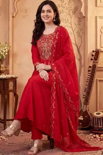 Women Ethnic Motifs Embroidered Regular Thread Work Kurta with Trousers & With Dupatta