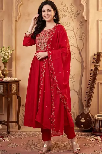 Women Ethnic Motifs Embroidered Regular Thread Work Kurta with Trousers & With Dupatta