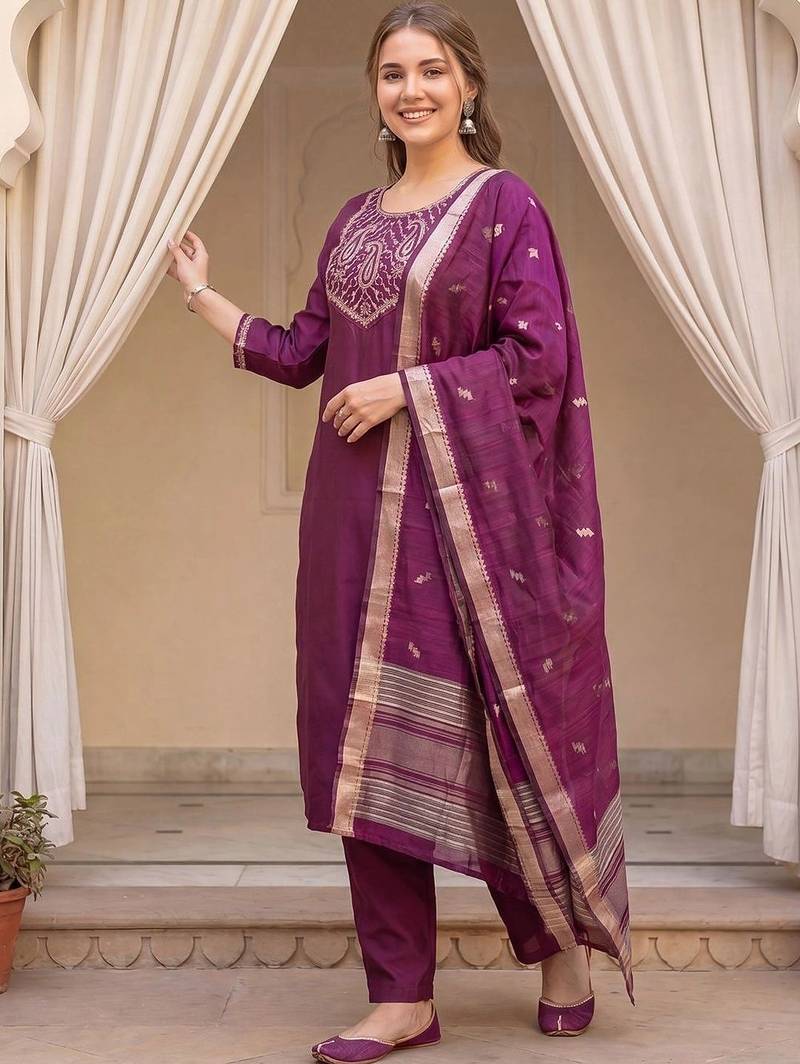 Women Paisley Embroidered Regular Kurta with Trousers & With Dupatta