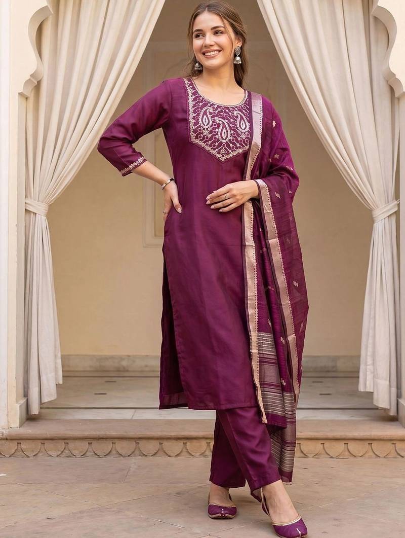 Women Paisley Embroidered Regular Kurta with Trousers & With Dupatta