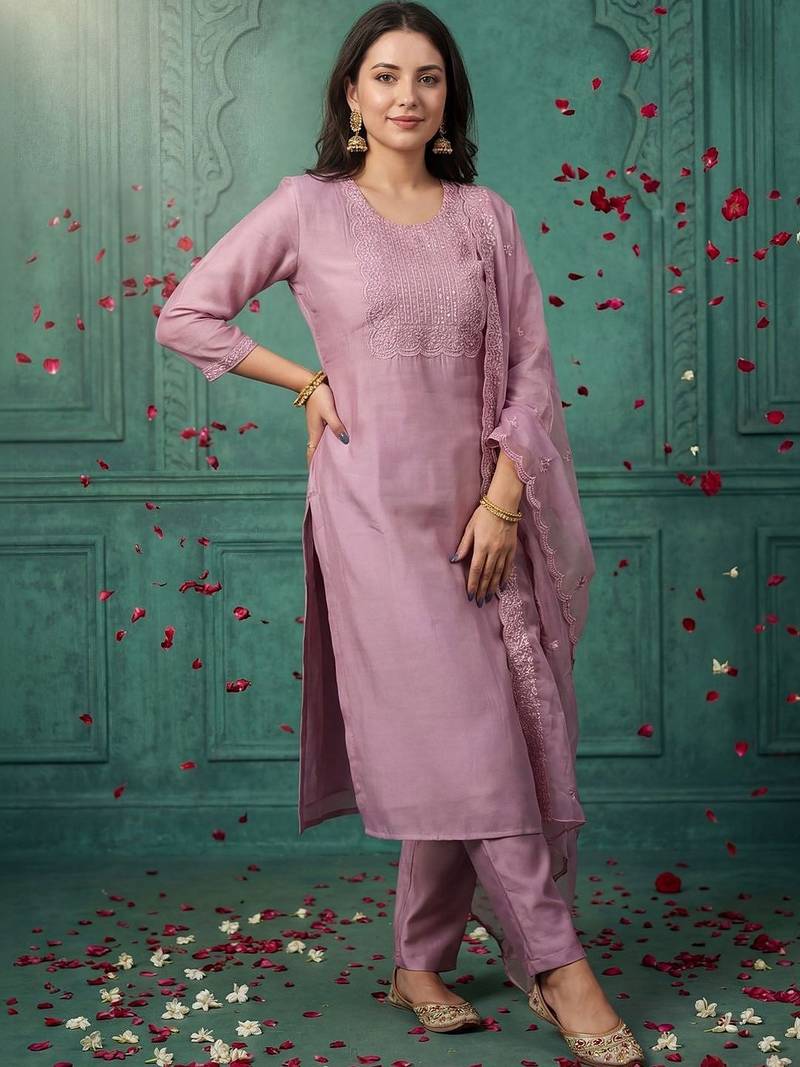 Women Ethnic Motifs Embroidered Regular Thread Work Kurta with Trousers & With Dupatta