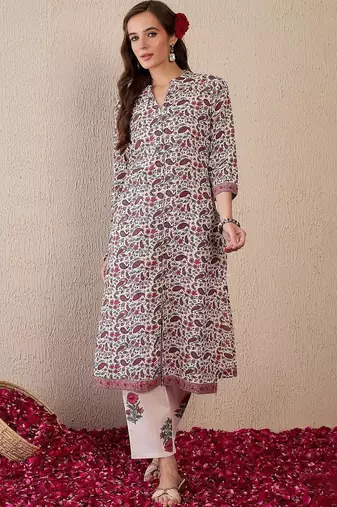 Women Floral Printed Regular Pure Cotton Kurta with Trousers