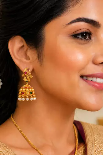 Matt gold peacock jhumka earrings with ruby green stones & pearl drops | south indian temple jewellery for women