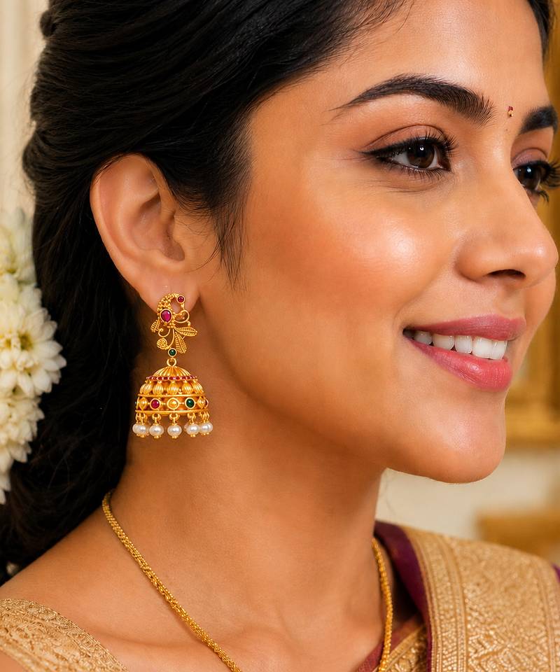 matt gold peacock jhumka earrings with ruby green stones & pearl drops   south indian temple jewellery for women