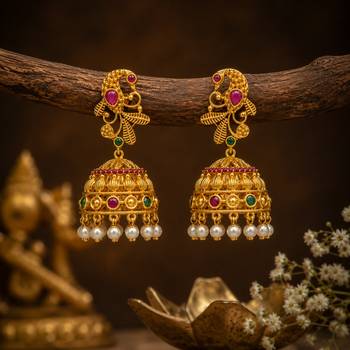 matt gold peacock jhumka earrings with ruby green stones & pearl drops   south indian temple jewellery for women 2